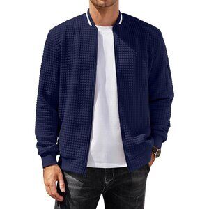 Men's Sweatshirt Bomber Jacket Bright Navy Casual Zip Waffle Knit Lightweight